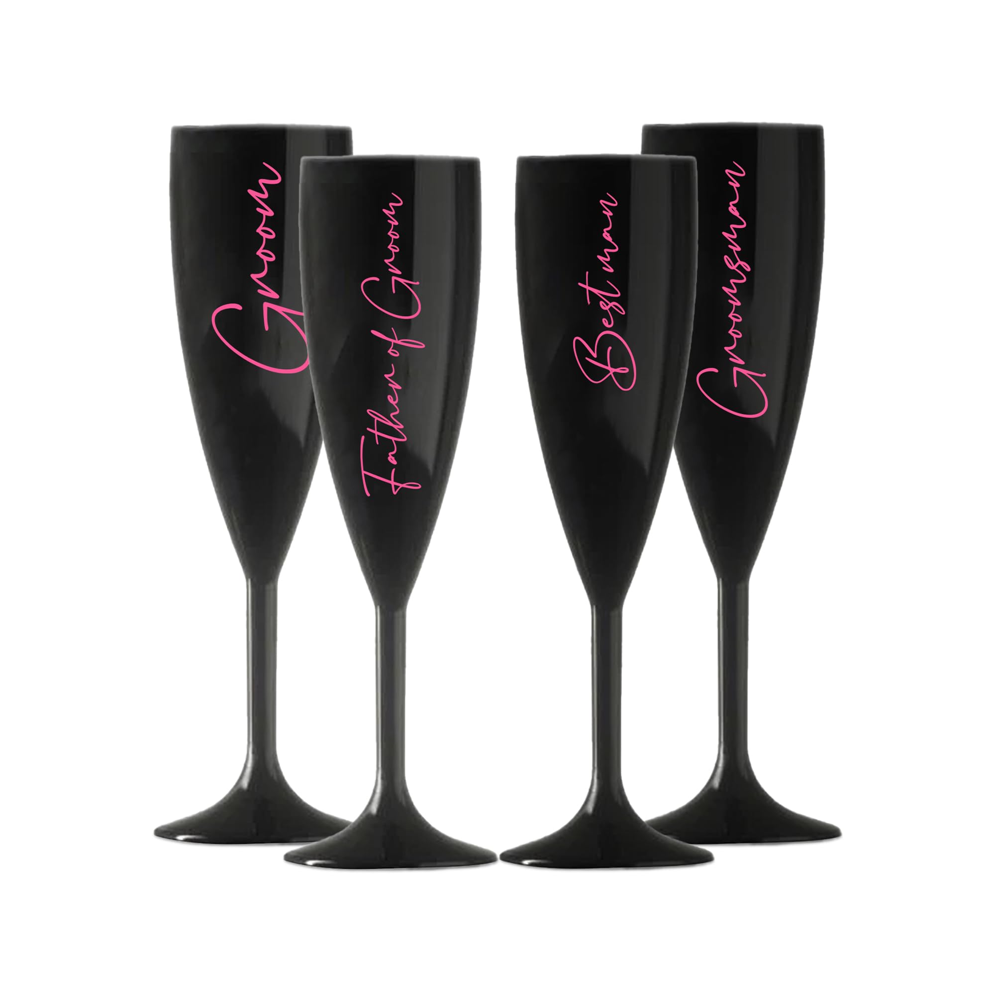 Print Maniacs Champagne Premium Black Flute Glass Bride Groom Mr Mrs Wedding Maid Honour Wine Cocktail Prosecco Celebrations Gift (Baby Pink, Set of 4 Grooms Set)