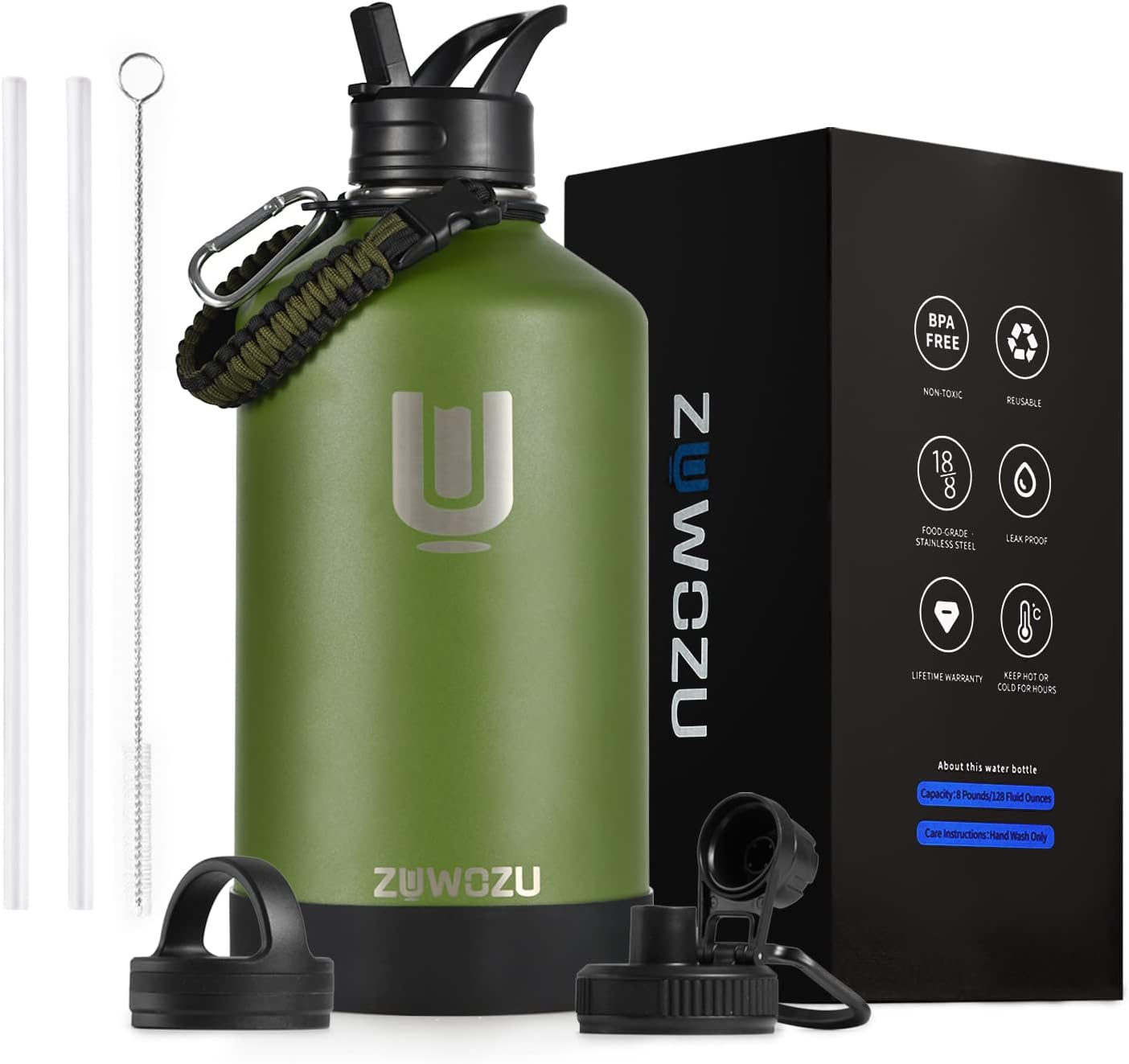 ZUWOZU 1 Gallon Water Bottle Insulated,128 oz Large Stainless Steel Water Bottles with Straw, Strap&3 Lids,Gallon Water Jug for Sports (Battle Green)