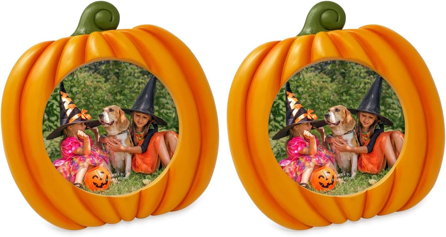 Isaac Jacobs 4x4 Pumpkin-Shaped Picture Frame For Halloween Or Fall Décor, Photo Tabletop & Wall Display Hanging Display (4x4, Antique Gold) (Pack of 2)