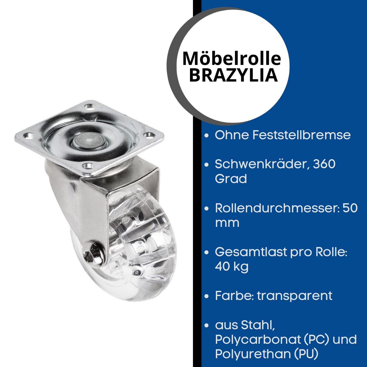 GTV, Brazilia furniture castor without lock, swivel castors for furniture steel/PC/PU, diameter 50 mm - Image 2