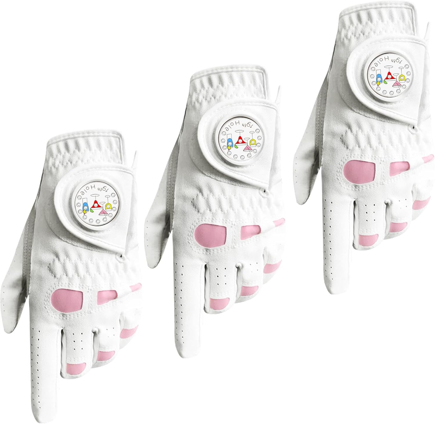 VEASAERS Golf Gloves Women Leather with Ball Marker 3 Pack, Left Hand Right Stylish Pink All Weather Grip Breathable Glove, Fit Sizes Small Medium Large for Womens Ladies