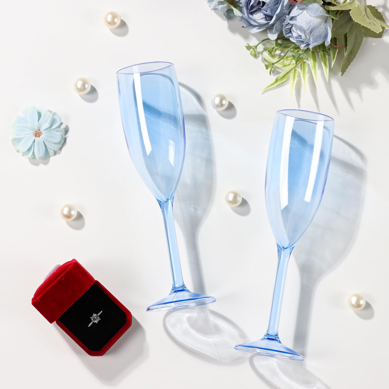 XUWAIDSGN 24 copas de champán de plástico a granel, copas de champán vintage, copas de bar de mimosa, vasos de 153.1 g para Navidad, cumpleaños, boda, novia (24, azul transparente)