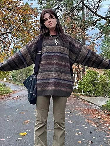 Women Y2K Argyle Striped Pullover Sweater Casual Long Sleeve Round Neck Vintage Preppy Style Pullover Knitwear4