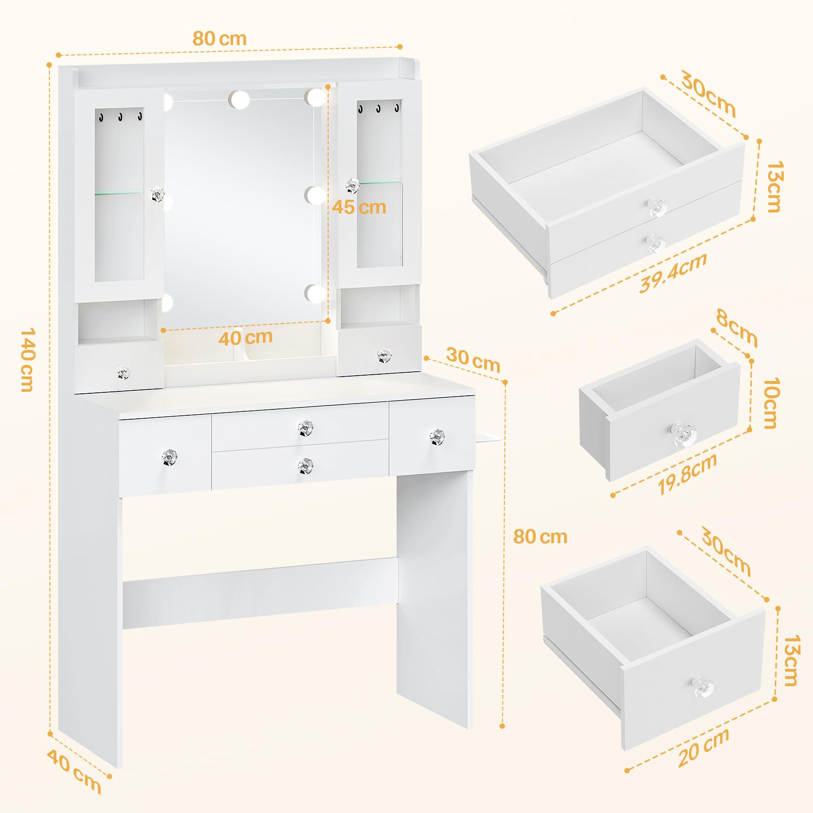 Dripex Schminktisch mit Spiegel und Beleuchtung | Steckdose und Föhnhalter, Luxuriöse transparente Vitrine mit RGB, Hollywood Spiegel, Vanity Desk