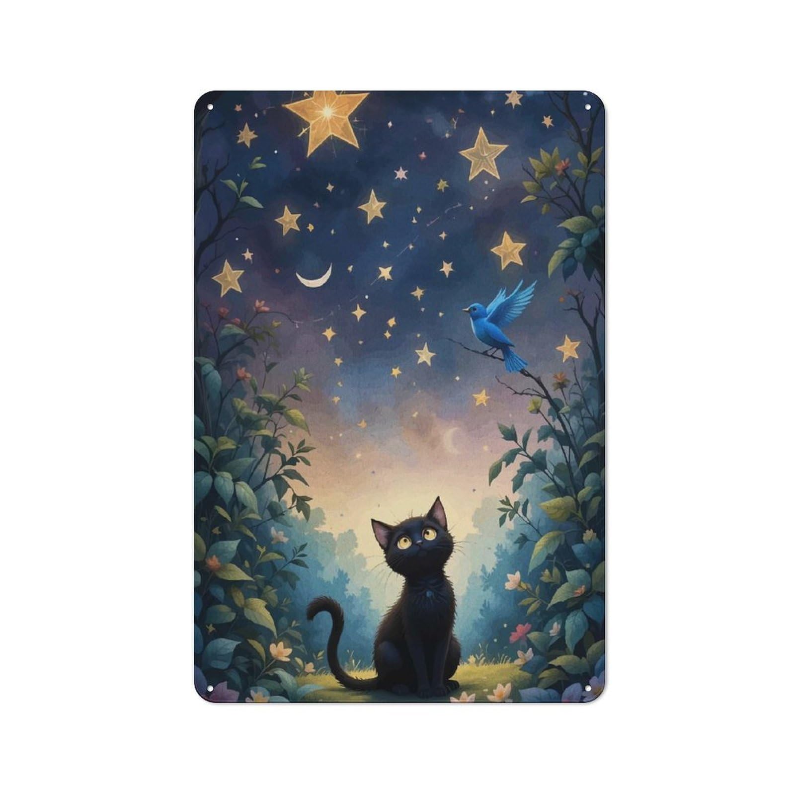 Junmoney Black Cat Stargazing With Bluebird Retro Metal Sign 30X20cm, Distressed Look Retro Room Decor For Living Room, Hallway, Kitchen Or Cafe
