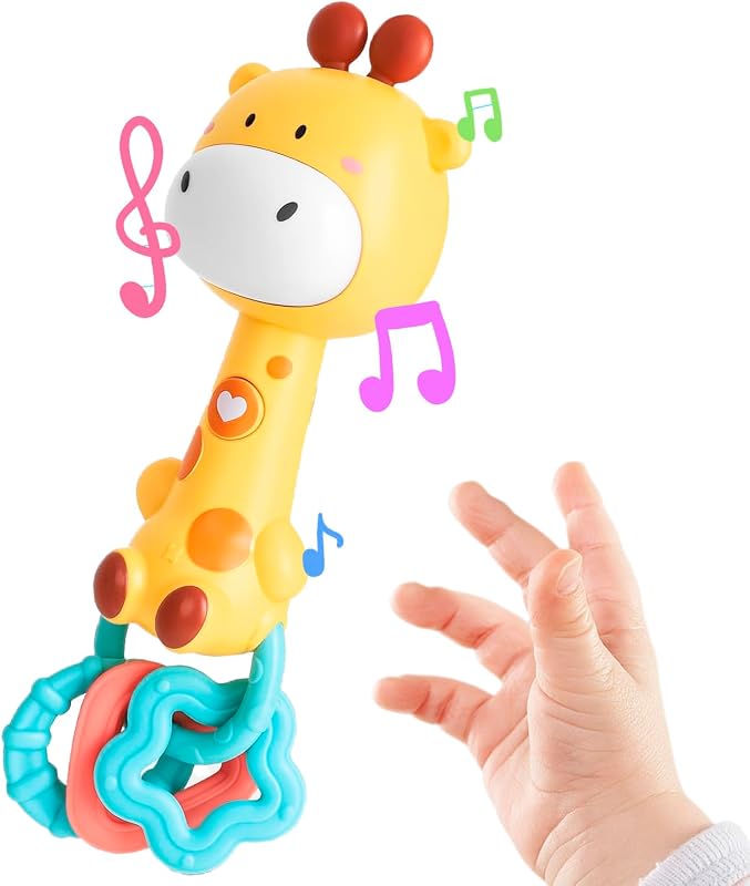 Cute Giraffe Baby Musical Rattle Toy 6-12-18 Meses, Light-Up Teether & Sensory Chew Rubber 1er Regalo de Cumpleaños para Niños de 1+ Año Niñas (Giraffe)