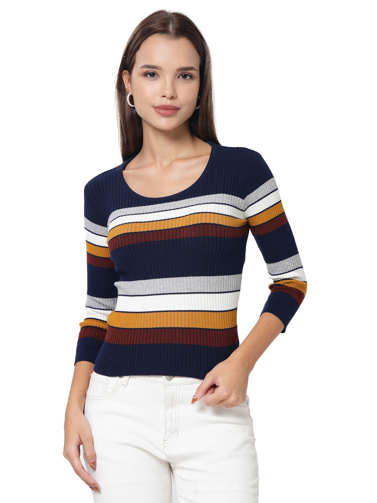 Kalt Women 3/4th Sleeves Round Neck Ribbed Cotton Winter Top-picture-23