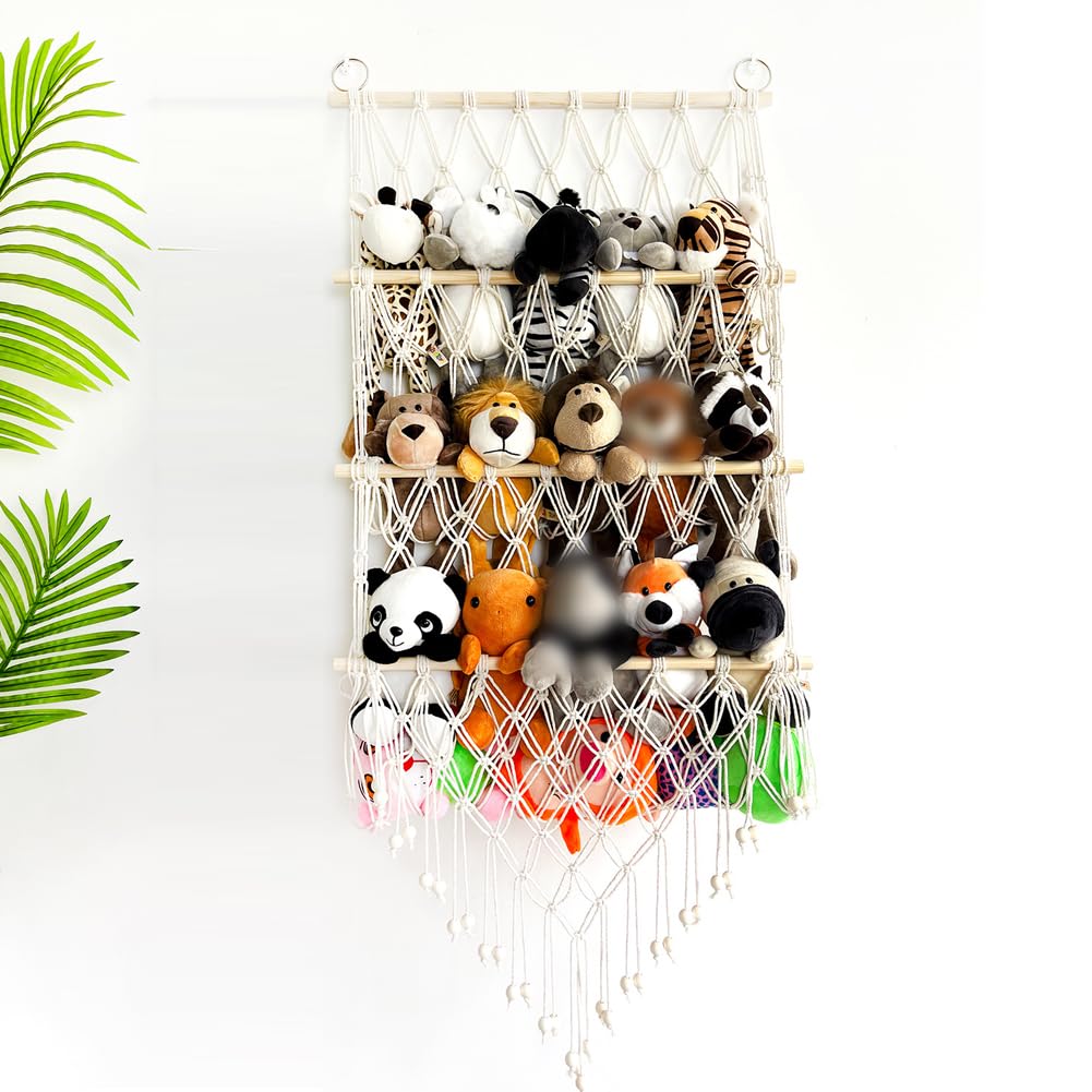 Stuffed Animal Toy Storage Hammock Hand-Woven Cotton Rope Hanging Organizer Kid Bedroom Decor Nursery Playroom Organizer for Nursery Play Room Bedroom Kids Room