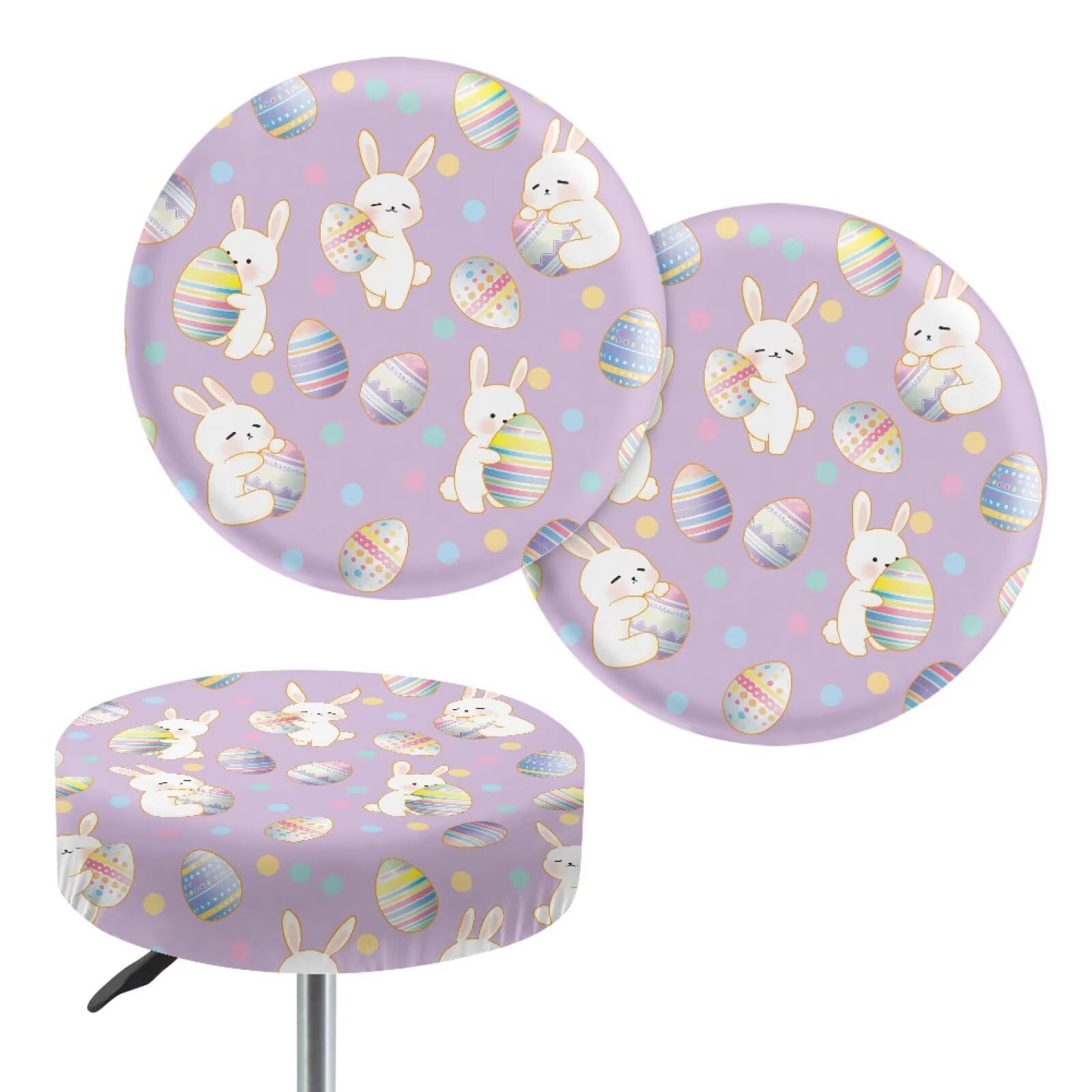 Wanyint Stool Covers Round 14-16 Inch Washable Irish Bar Stool Slipcovers Anti-Slip Round Stool Chair Saddle Stool Covers for Easter Decor, 2 Count, Easter Bunny Egg Dot Purple โ image 1