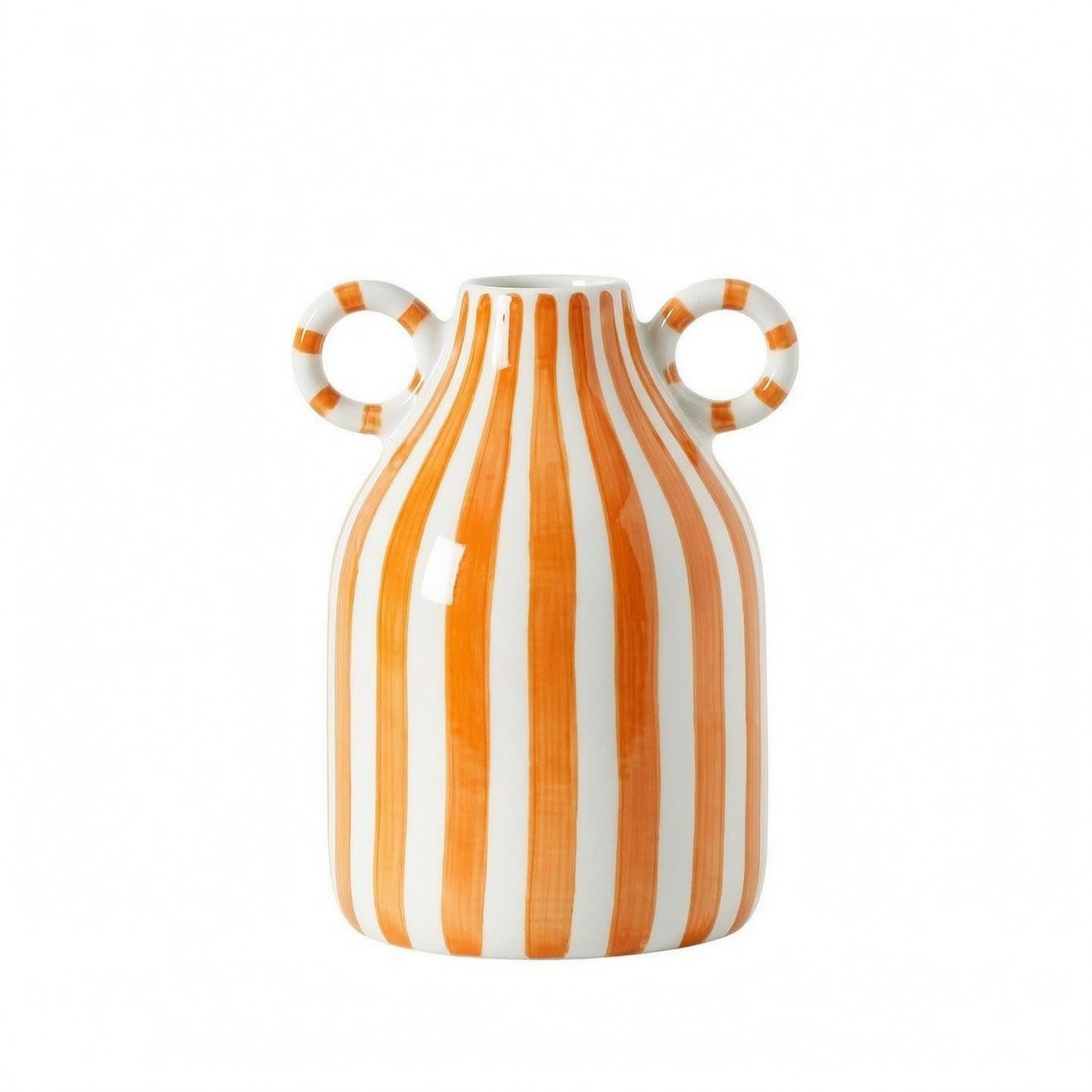Hand-Painted Handled Ceramic Vase Glazed Striped Ceramic Vase Glossy Flower Holder Narrow-Neck, Orange B-Stripe-image-11