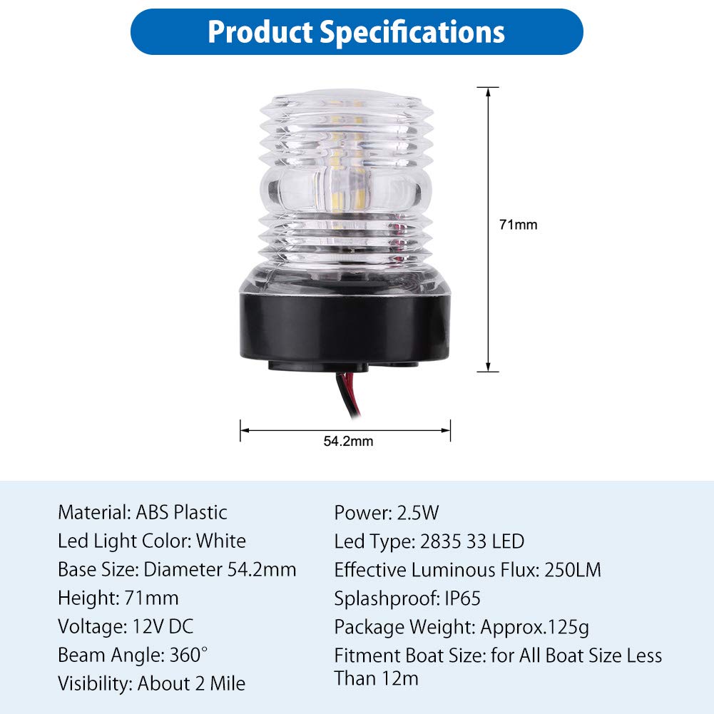 Sxhlseller 12V Marine LED Rundumlicht, 360° Bootslicht Wasserdicht IP65 für Boote bis 12m, 2.5W 250LM Weißes Licht, 2 Meilen Sichtweite