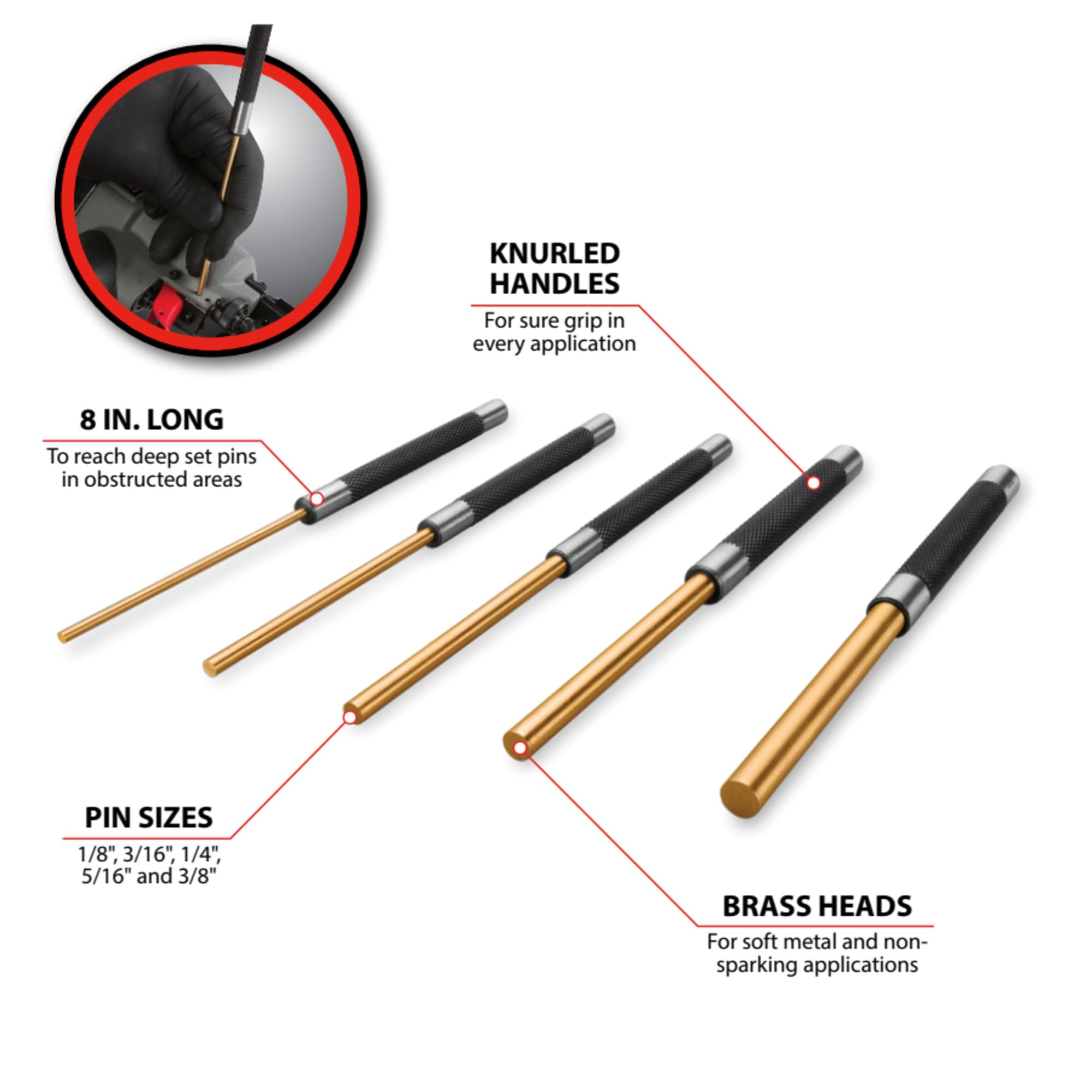 Performance Tool W759 mosiężny zestaw do usuwania kołków z radełkowanymi stalowymi uchwytami dla dobrego chwytu, 20 cm, 5 szt