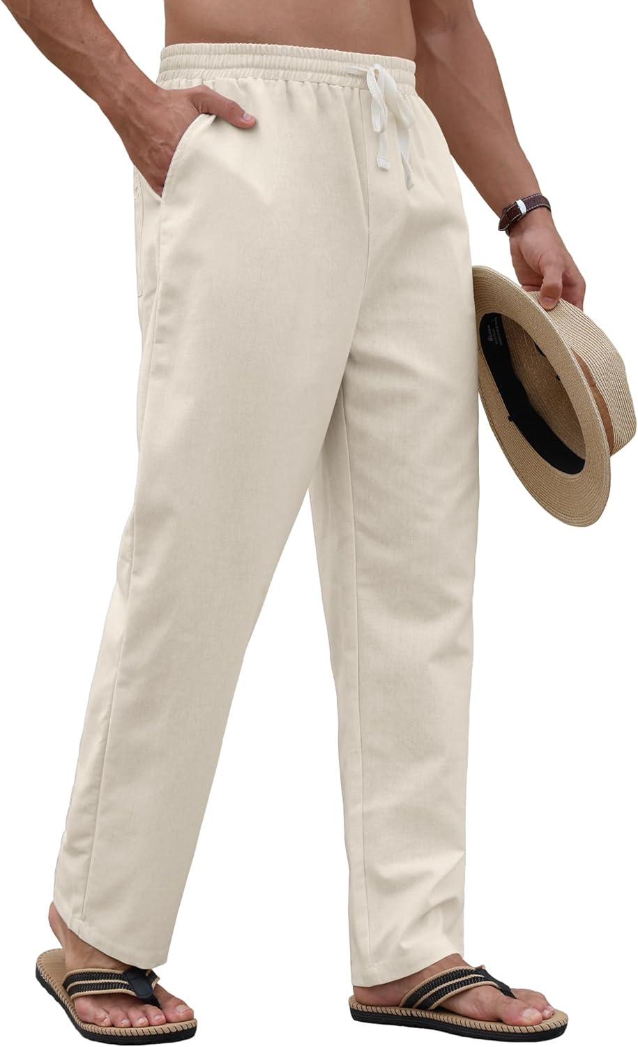 Product image of PLEPAN Men's Linen Pants Elastic Waist Drawstring Casual Summer Beach Lightweight Yoga Trousers Loose Fit