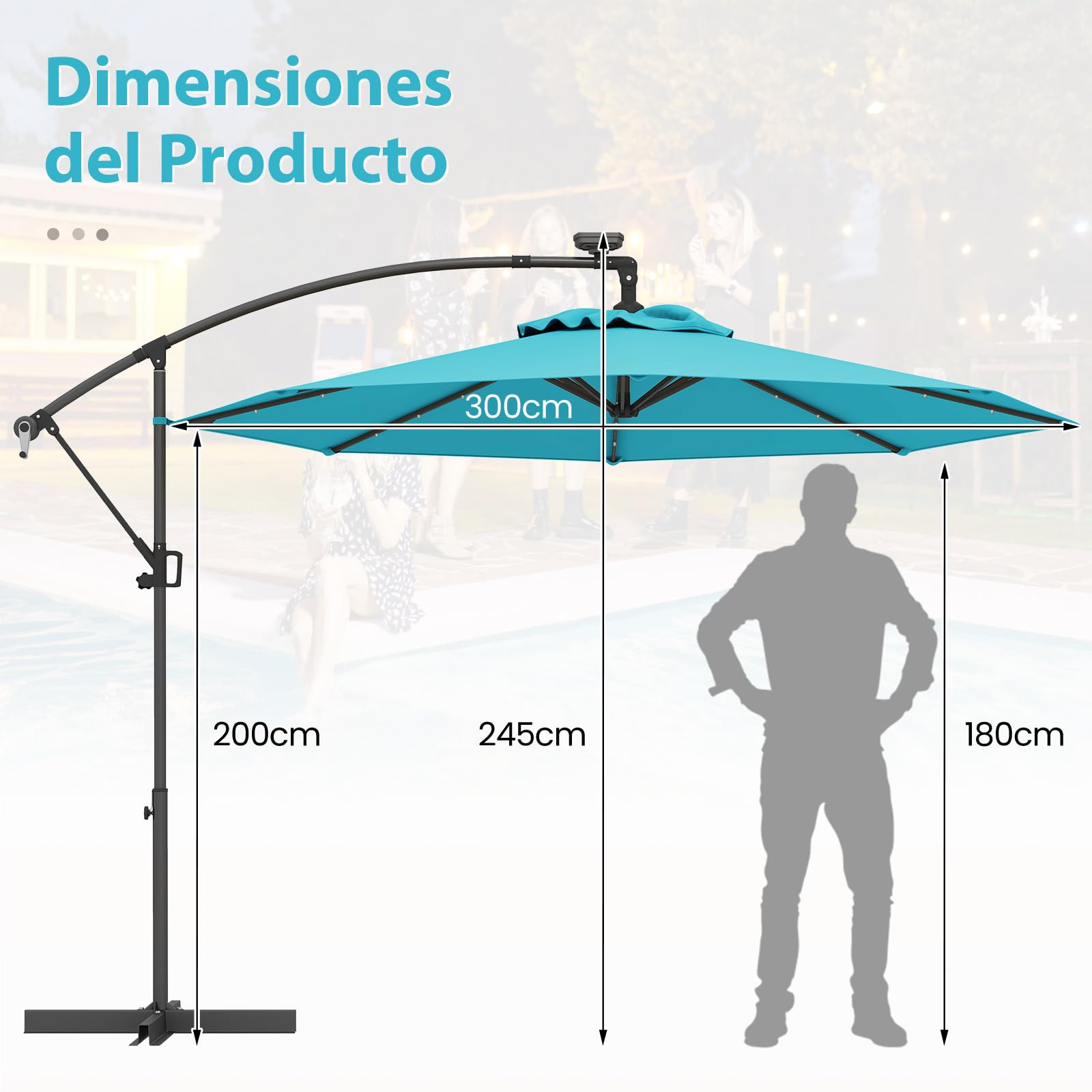 COSTWAY Sombrilla Terraza Exterior 3x3, Parasol Excentrico con 32 Luces LED Solar, Base Cruzada, Ajuste de Inclinación y Manivela, Rotación de 360°, Sombriila Jardin Terraza Balcón Patio
