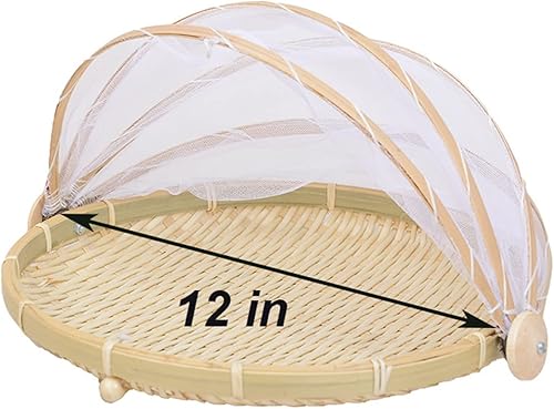 Miniatura 3 de Cesta de tienda de campaña de 12 pulgadas cubierta redonda de bambú para almacenamiento de alimentos, cesta de picnic a prueba de polvo, recogedor