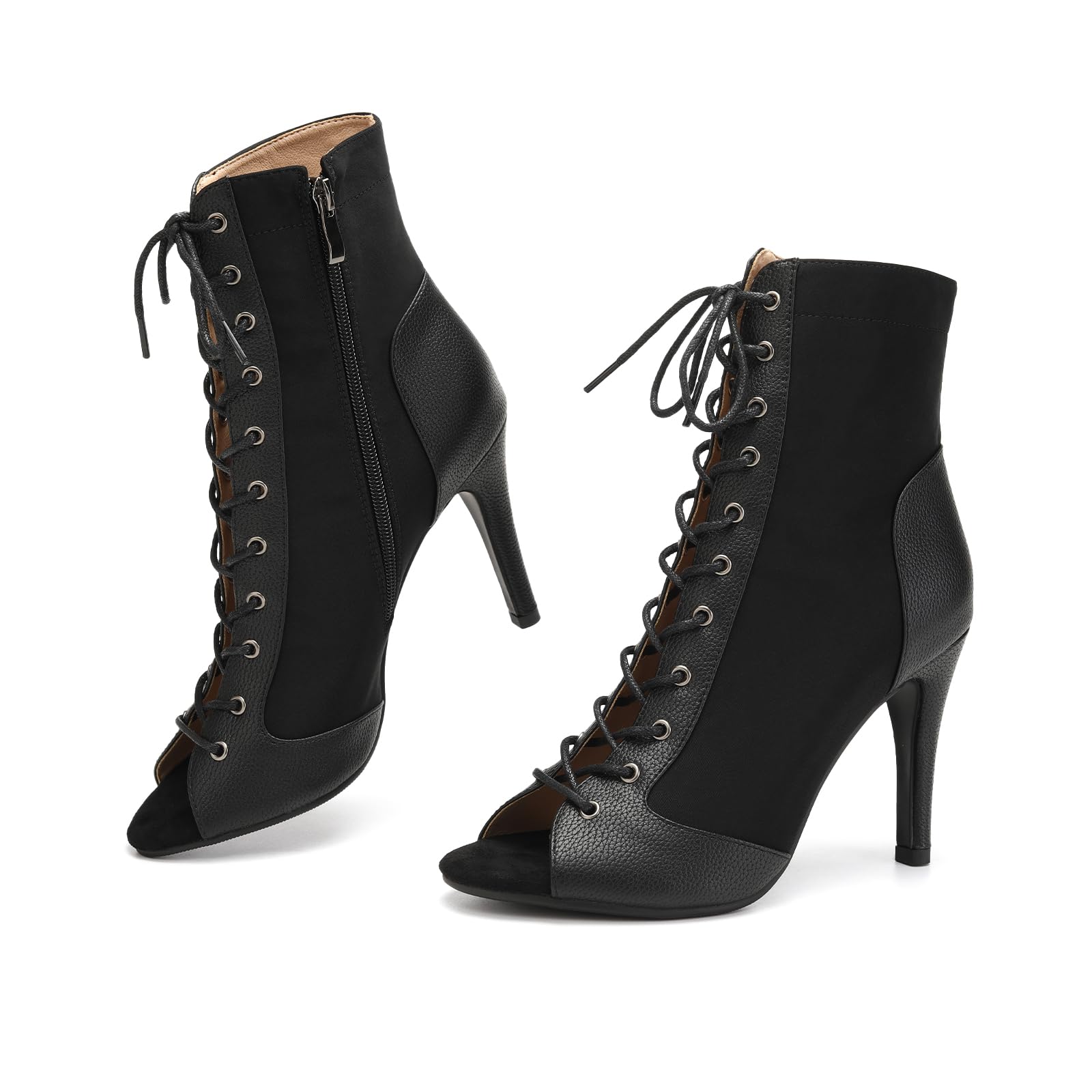 Stivali da Ballo Donna con Punta Aperta Scarpe da Ballo Professionali Jazz con Lacci Tacco Alto 9cm