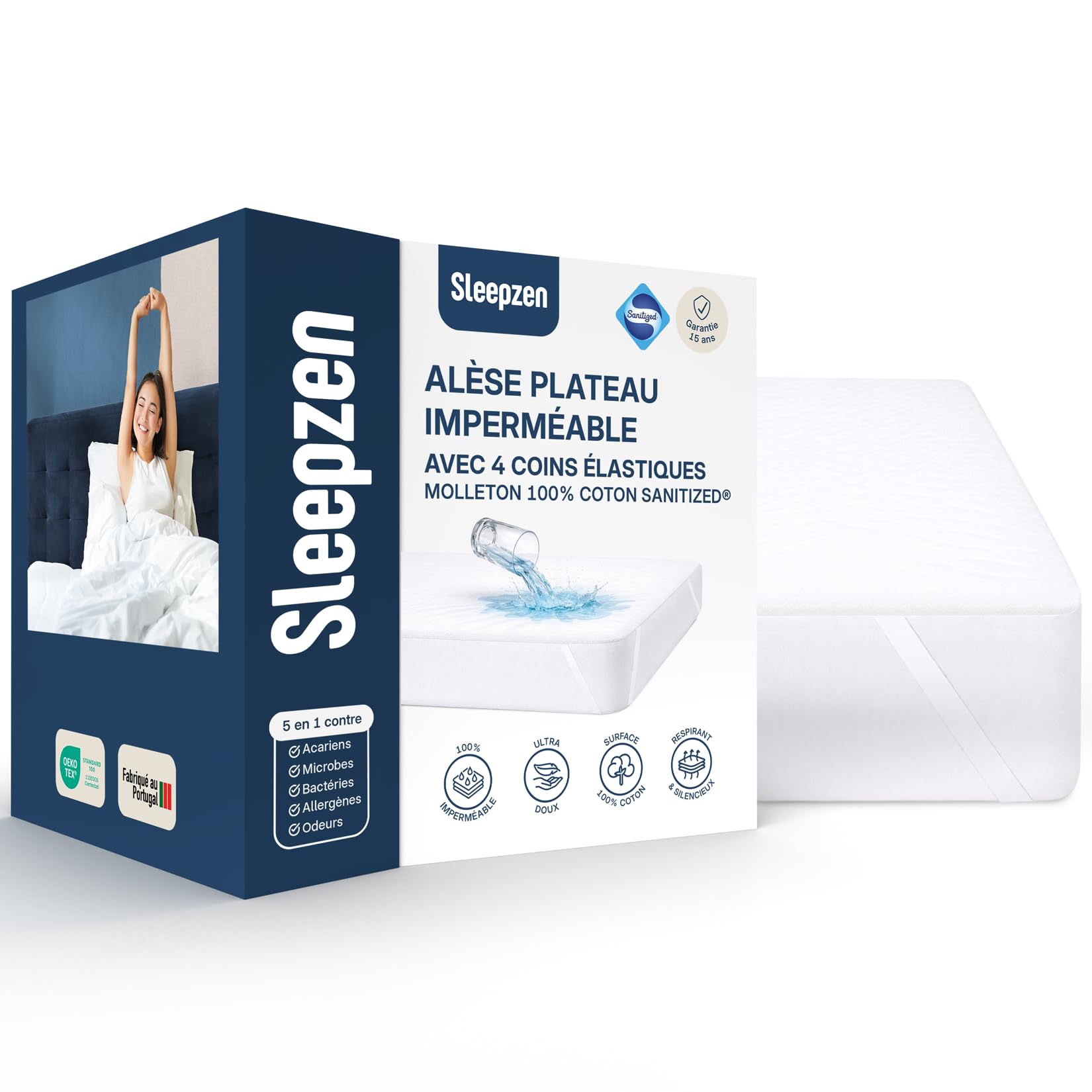 SLEEPZEN Protège Matelas 120x200 cm – Imperméable, Respirant & Silencieux – 100% Coton Ultra Doux – 4 Coins Élastiques – Sanitized® Anti-Acariens – Oeko-Tex – Fabriqué au Portugal