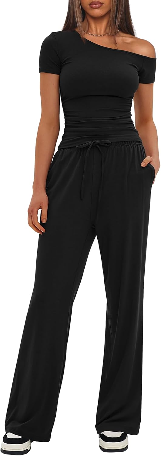 Darong Women's 2 Piece Outfits Lounge Sets Off Shoulder Short Sleeve Tops and High Waisted Wide Leg Pants Tracksuit Sets - Image 4