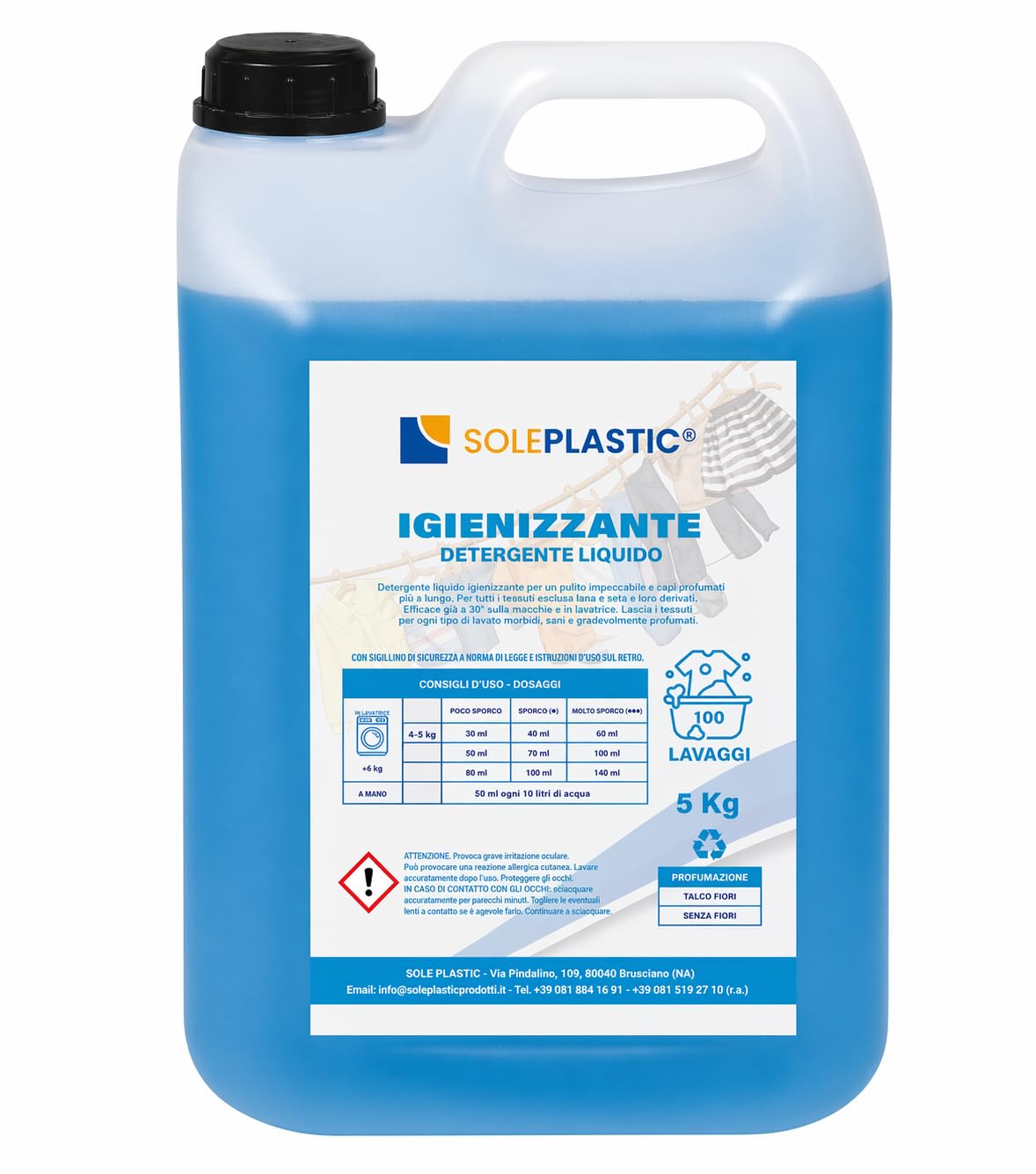 Detersivo Lavatrice IGIENIZZANTE per Bucato 5 Litri - Detersivo Lavatrice liquido per Asciugamani, Indumenti da Lavoro o Quotidiano - Attivo a 30°C - Sicuro su Tessuti Colorati e Bianchi