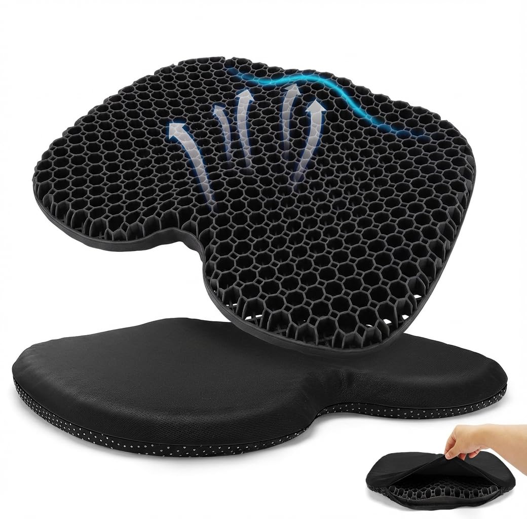 Cuscino ortopedico extra grande, 48 x 38 x 5 cm, struttura a nido d'ape per un forte sostegno, comfort, ideale come cuscino per auto, sedia da ufficio e cuscino per sedia a rotelle (nero)