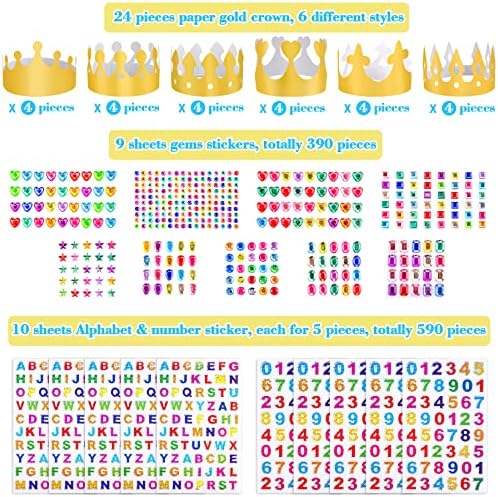 SIQUK 24 Pieces Paper Crown Golden Party Crown with 980 Pieces Gem Jewels Alphabet Number Letter Stickers Crown Decorating Kit for Kids Adults Party and Celebration, Elegant Style