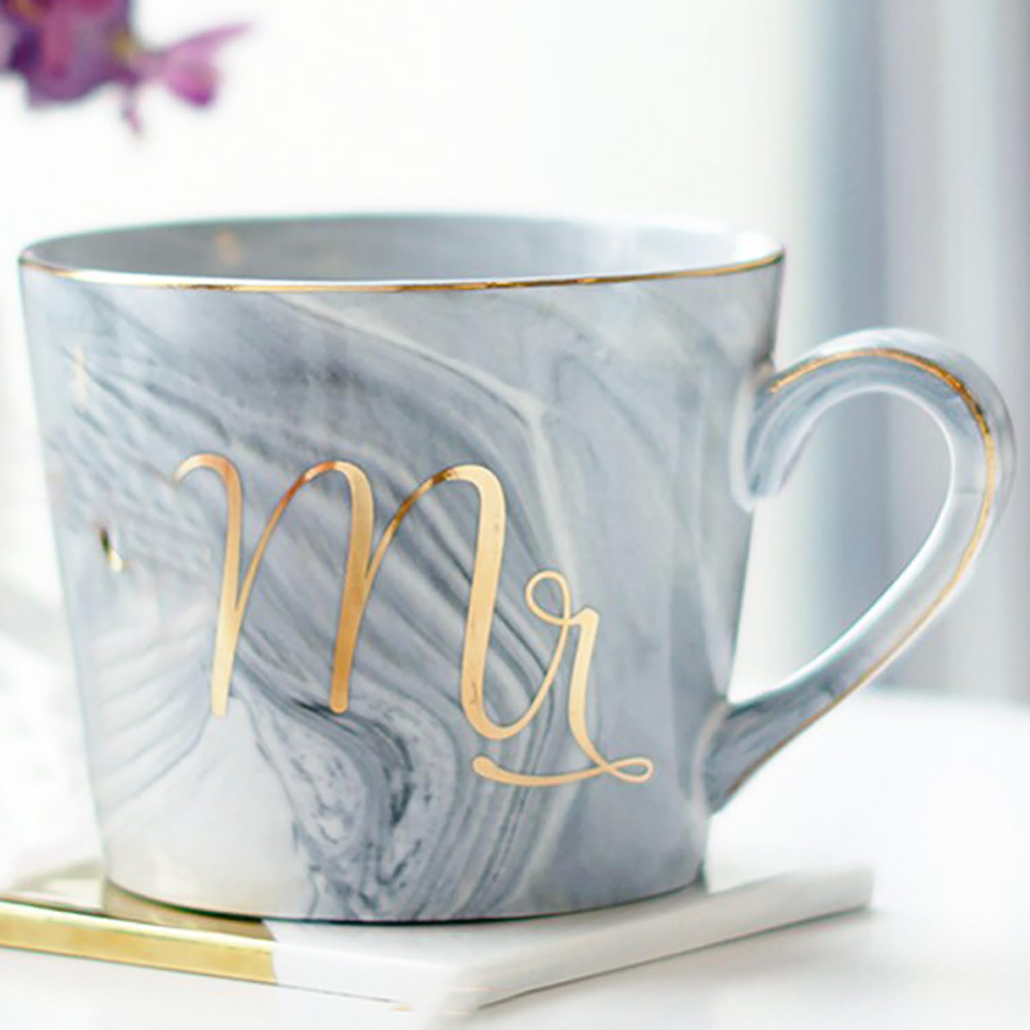 BlissHomes Birthday Gift for Husband Ceramic Grey Mr Marble Coffee Mug Tea Cup Set Anniversary Gift for Dad 350 ml