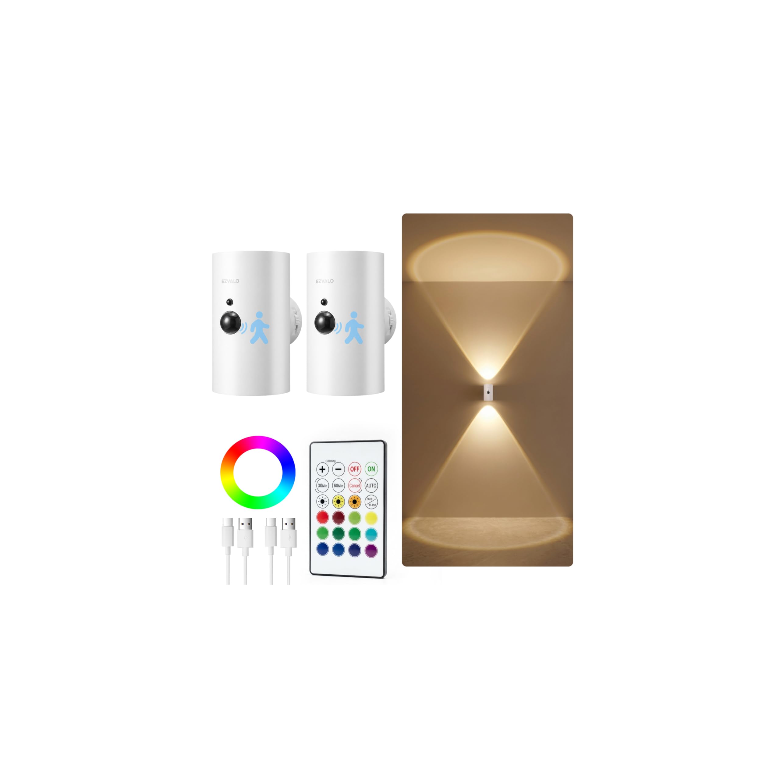 EZVALO Motion Sensor Wall Lights, 4000mAh Rechargeable Battery LED Wall Lights, 3 CCT & 12 RGB with Remote Control, Cordless Lamp for Hallway Stairway Bedroom (2, White)