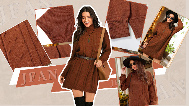 JFAN Robe Femme Col Roulé Robe Pull Hiver Montant Manche Longue Tricot Robe Élégante En Chaud Casual Dress, Bourgogne, M