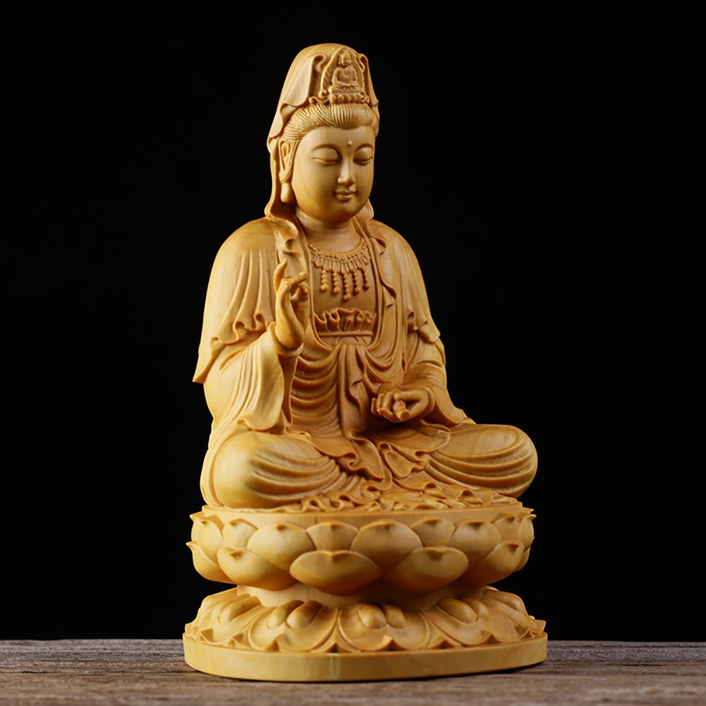 仏像 観音菩薩 ツゲの木彫り ｜Suicazon 手作り [御金品] （坐像 蓮の