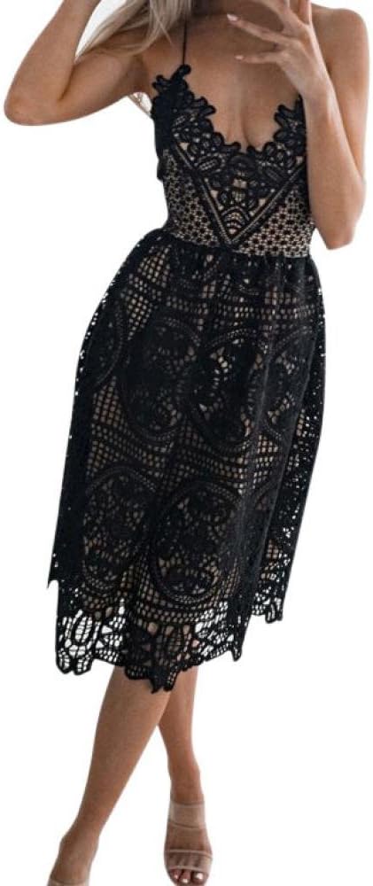 Elogoog Lace Dress, Women's Sleeveless Spaghetti Strap V Neck Party Evening Backless Lace Gown Cocktail Dress