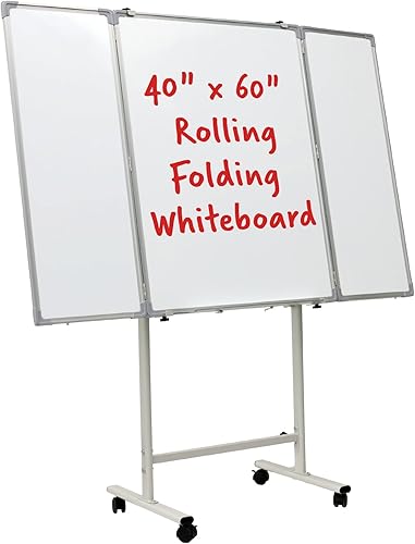 Pizarra blanca plegable de 40 x 60 pulgadas para montar en la pared con superficie magnética y bandeja de marcadores abatible