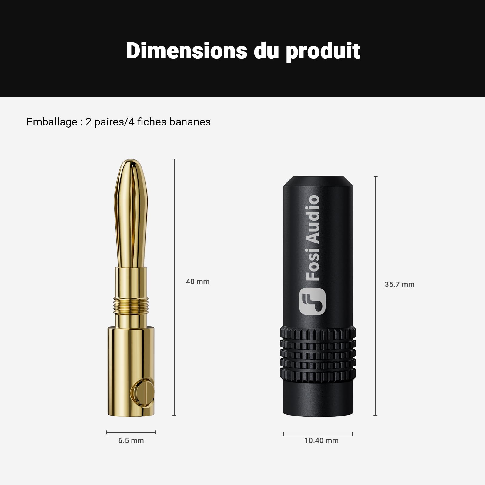 Fosi Audio Fiches Bananes pour Câbles d'enceintes, 2 Paires Plaquées or