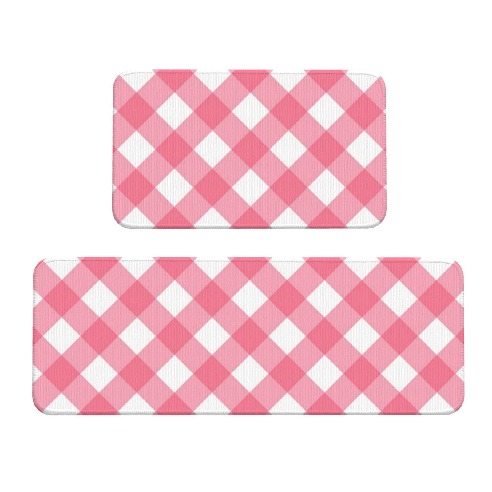 GVYGVY Antifatigue Kitchen Mats for Floor 2 Piece - Pink Gingham Plaid Print Kitchen Rugs Washable, Non Slip Runner Rug Standing Mat for Office/Bathroom/Laundry/Home Decor and Accessories