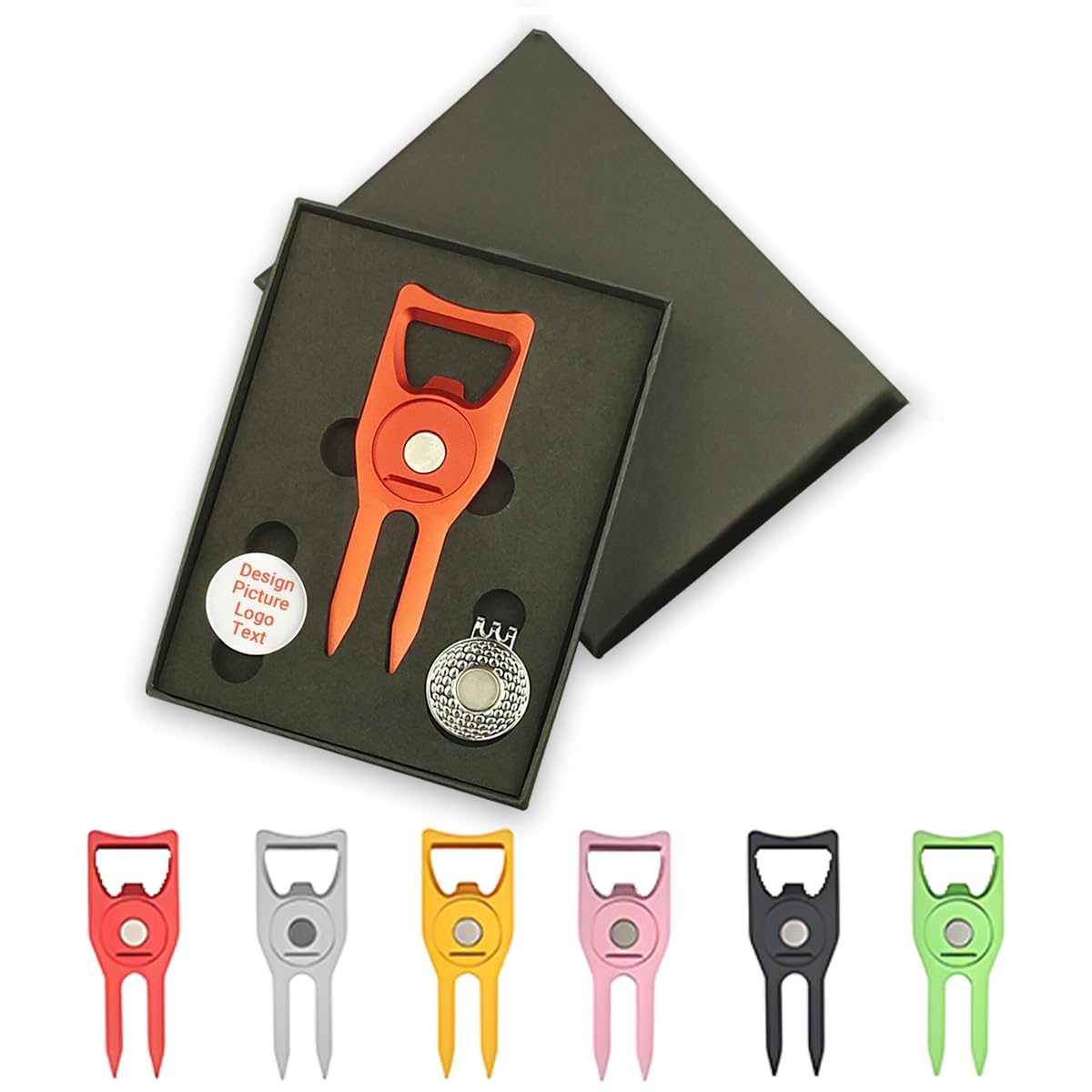 Personalized Custom Golf Set: Premium Divot Tool,Ball Marker & Magnetic Hat Clip with Gift Box - Bottle Opener/Club Tee/Groove Cleaner/Putting Alignment/Designed to Be the Ultimate Tool for the Green