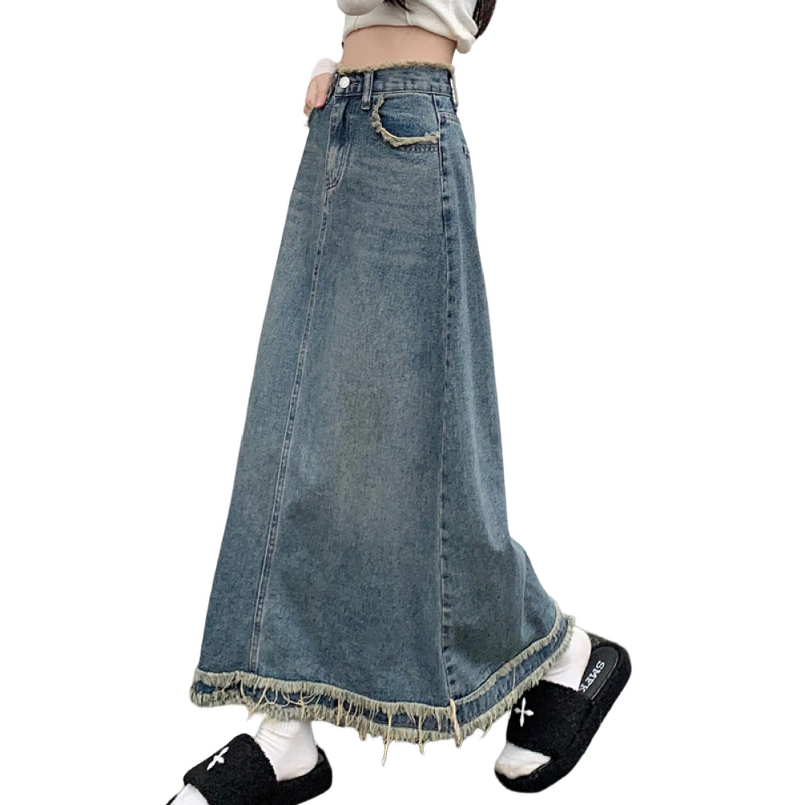 Falda Larga Vintage Azul Mujer Otoño Invierno Cintura Alta Paraguas Borde Crudo Vaquera Y2K