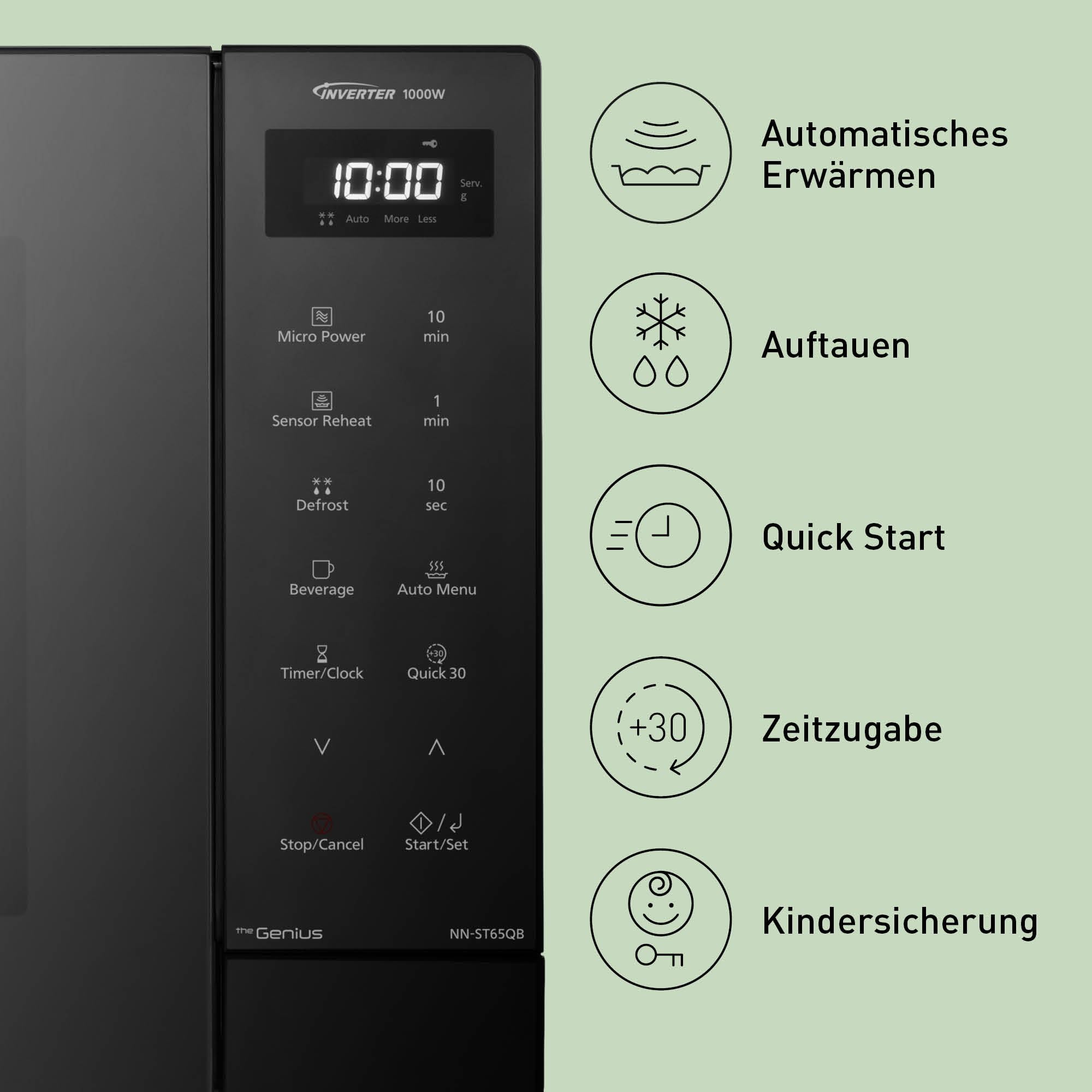 Panasonic NN-ST65QBEPG 32L Inverter Solo Mikrowelle, 1000 Watt Leistung, Genius Sensor Technologie, 20 Automatikprogramme, Quick 30 Funktion, Touch-Bedienung, Großer Drehteller, Schwarz