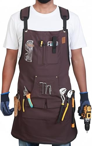 Vista 8 de Woodworking Apron for Men - 9 Reinforced Pockets Durable Canvas Padded Cross Straps - Woodworking Gifts for Men Gris