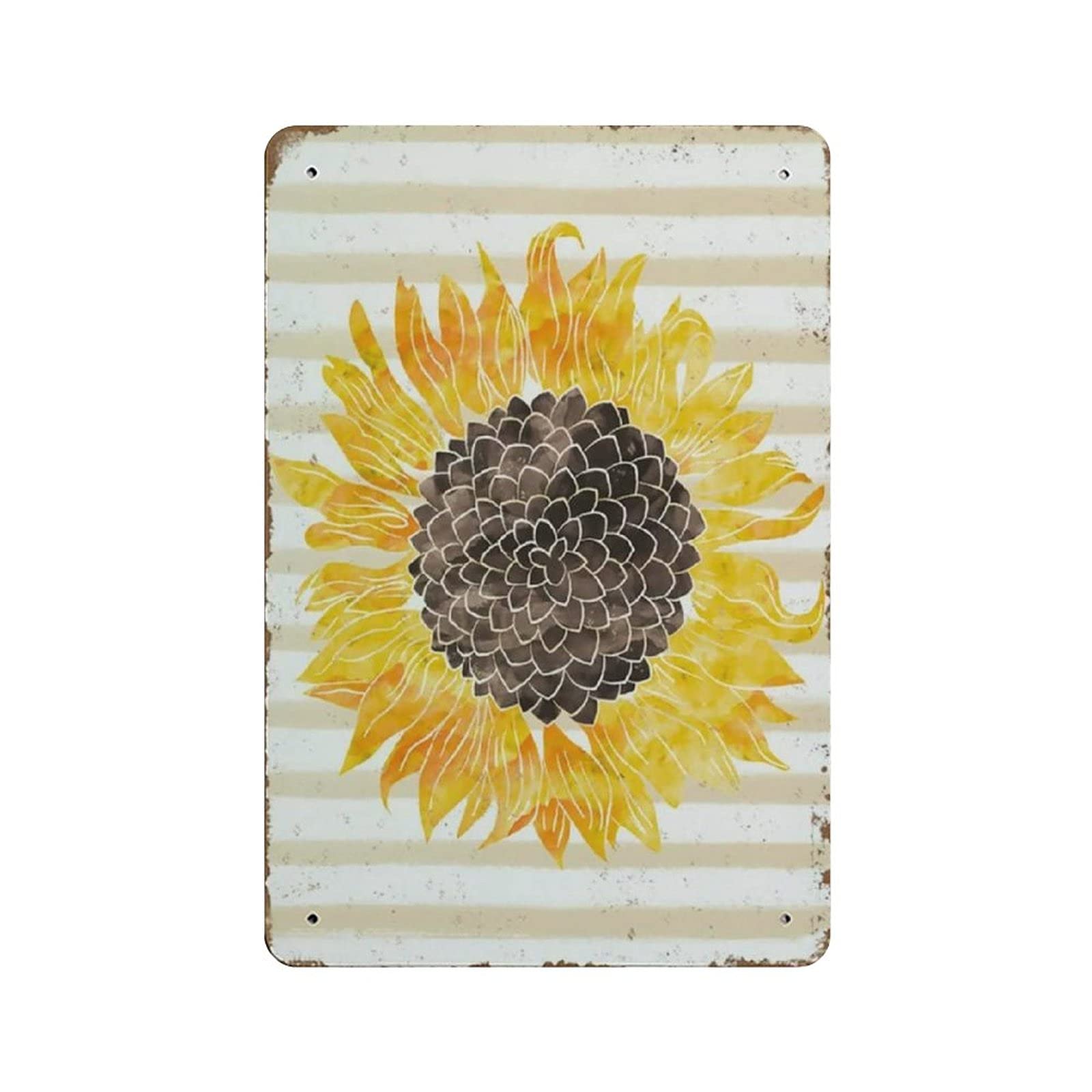 Metal Tin Sign Sunflower Watercolor Tan Stripes Vintage Tin Poster Metal Sign Wall Decoration Country Kitchen Home Garage Decor 12"x8"
