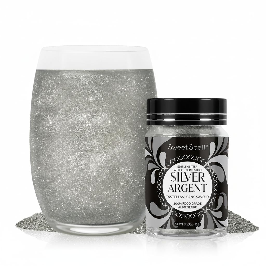 Sweet Spell Edible Glitter (15g) - Shimmer Sparkles for Drinks, Cakes, Cocktails - 100% Edible & Food Grade Glitter, Vegan, Gluten-Free (Silver)