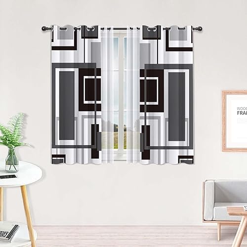 ULQUISNCE Cortinas opacas grises, modernas cortinas geométricas traslúcidas grises para sala de estar y dormitorio, diseño de cortina y gasa que