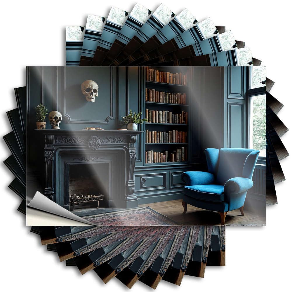 Fzfn Girls Colour Saying Home Gifts Durable Vinyl - A Cozy Room With A Blue Armchair, Bookshelf, Fireplace, And Decorative Skulls Hard For Use(12X18cm)