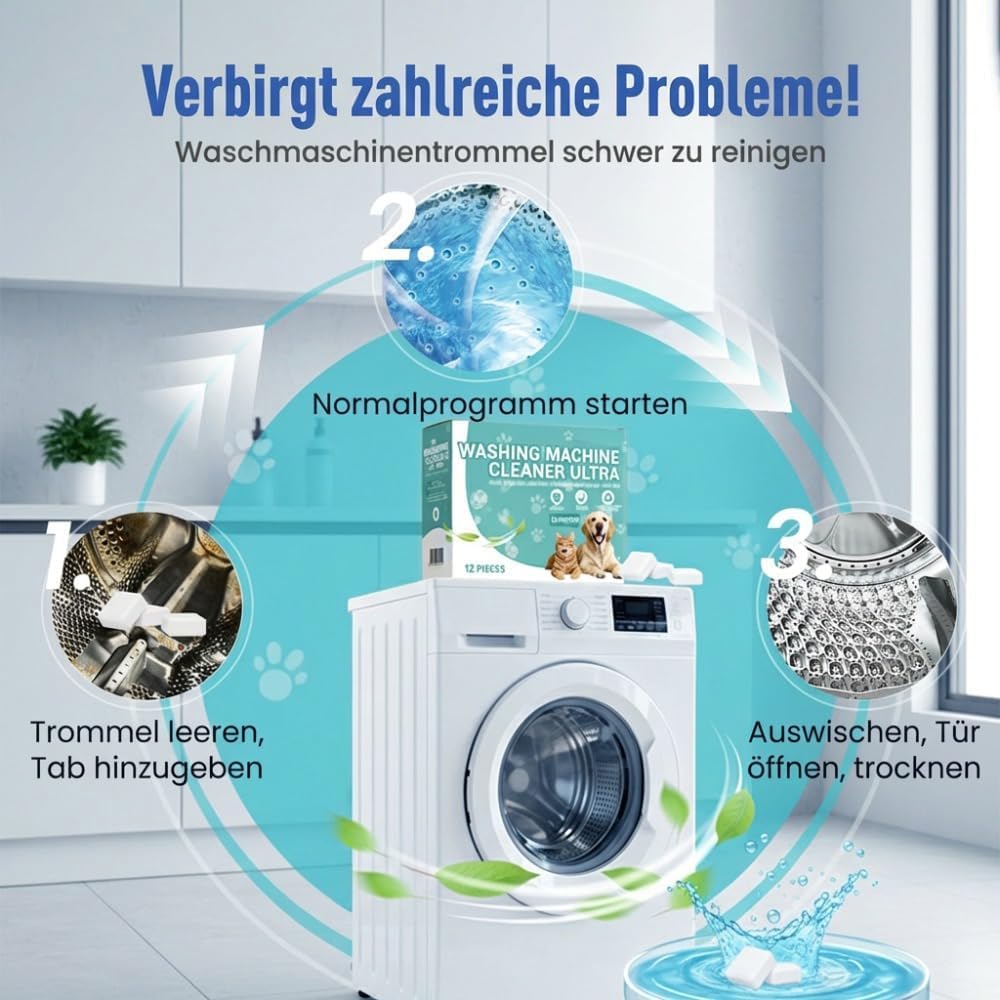 Waschmaschinenreiniger, 4-in-1 Power Tabs, Tabs extra stark gegen Geruch & Kalk, Express Waschmaschinen Reiniger, Tiefenreinigung für Frontlader & Toplader, 12 Monats Versorgung (3 Stück)