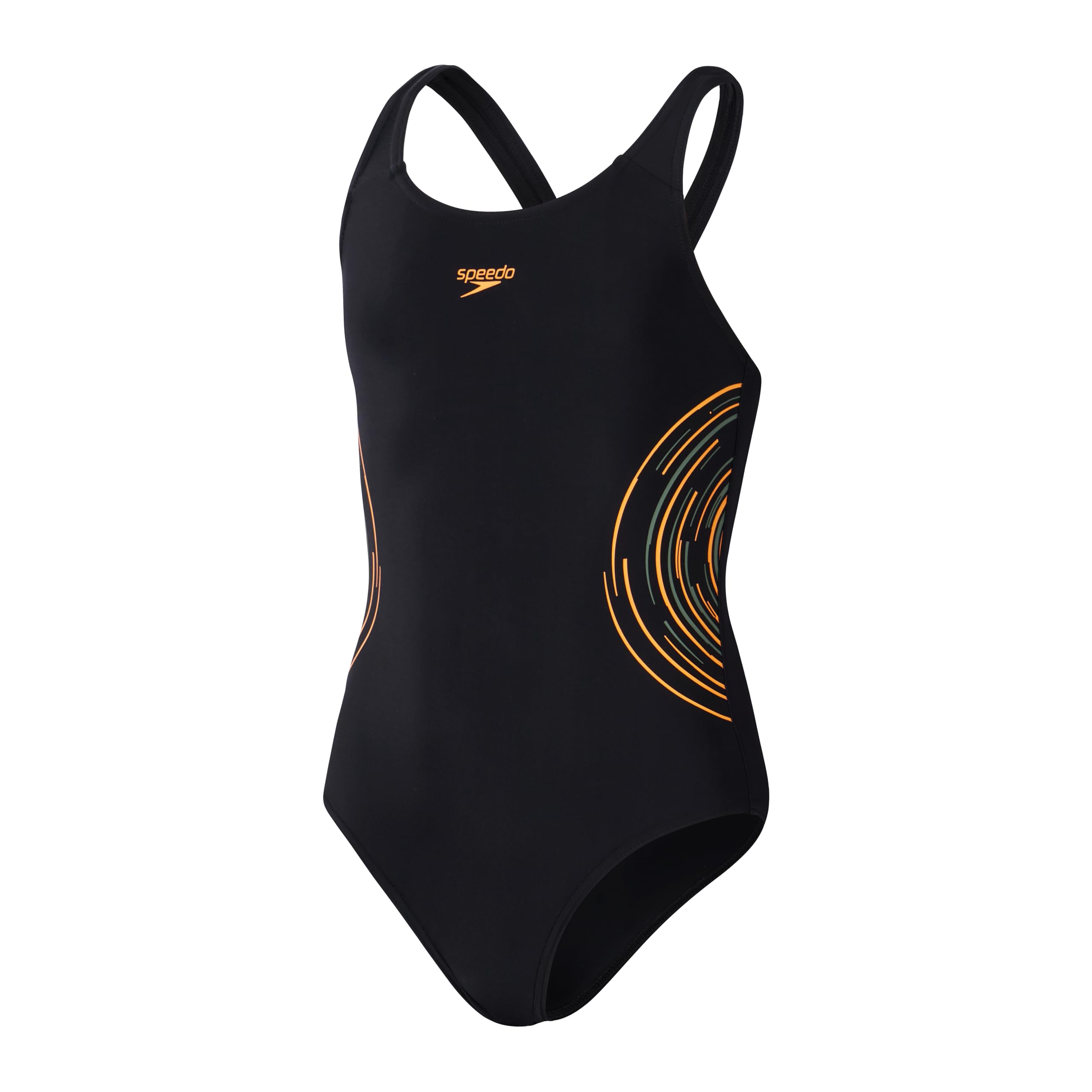Speedo Placement Muscleback Badeanzug für Mädchen, Schwarz / Orange