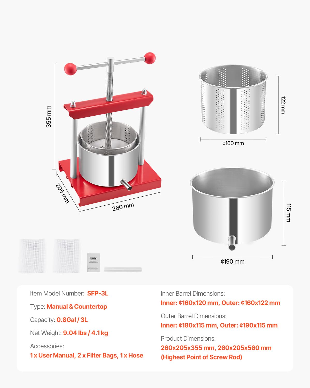 VEVOR Pressa Manuale per Vino di Frutta Cesto in Acciaio Inox 3L con Manico, Spremiagrumi Manuale per Bevande Alcoliche Pressa per Sidro, Mela, UVA, Tintura, Miele, Olio d'Oliva Cucina, Casa