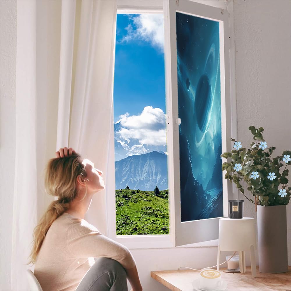 Retro Space Sichtschutzfolie für Fenster, statisch haftend, rustikale Planeten, Landschaft, Milchglas, Wärmeregulierung, Abdeckungen für Badezimmer, Wohnzimmer, 90 x 160 cm