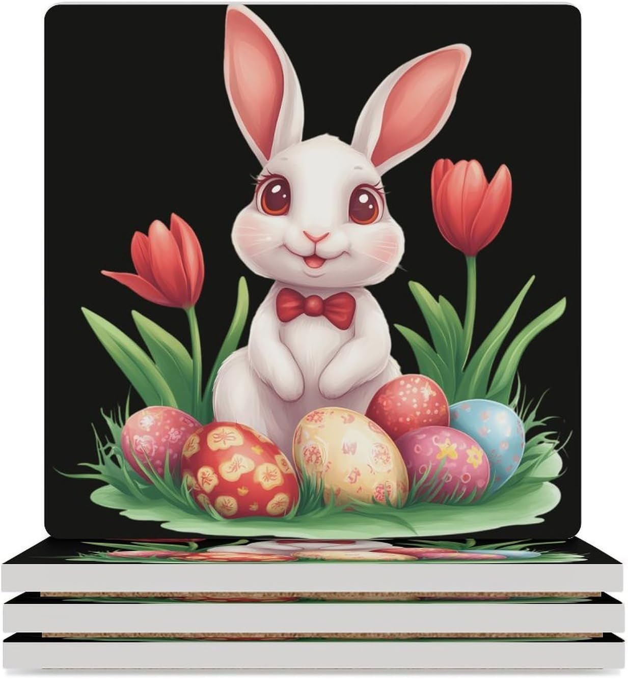 Tulip Bunny Ceramic Coasters Square Drinks Coaster Coffee Table Decor Table Coaster for Home Bar