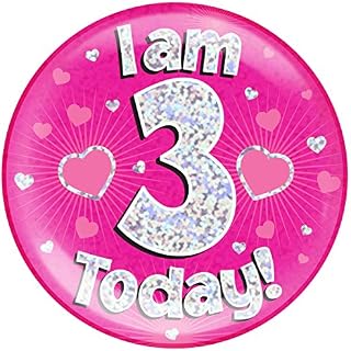 OAKTREE UK 633049 6" Jumbo Badge I am 3 Today Pink Holographic Dot