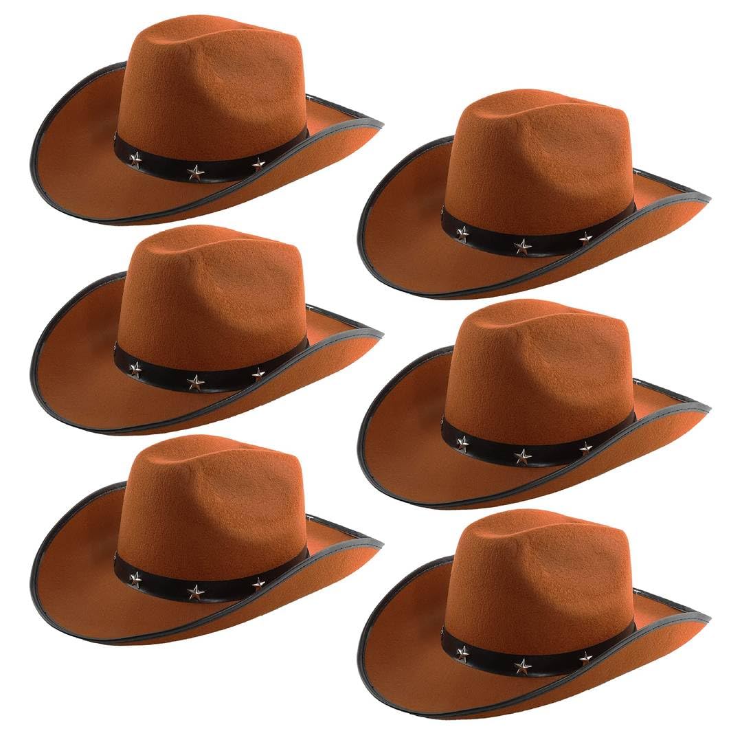 Adults Star Studded Cowboy Hat - Pack of 6 - Brown Felt Western Style Hat with Decorative Star Studs - Classic Wild West Fancy Dress Costume Accessory for Parties Festivals Cosplay Cowgirl Events