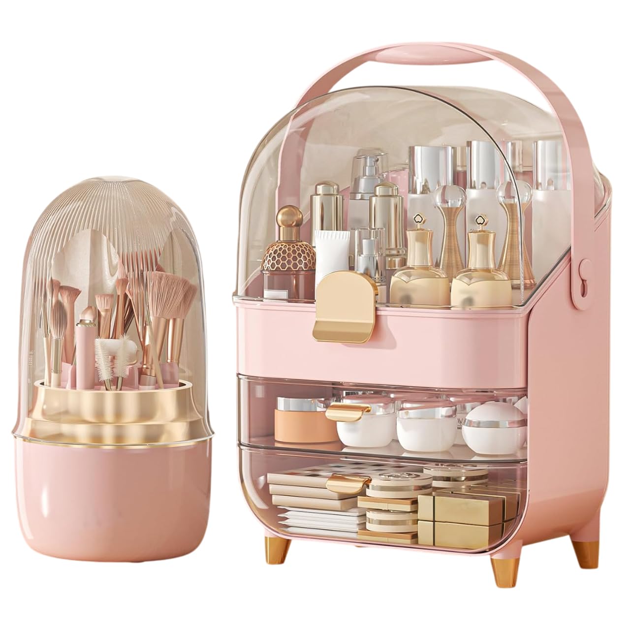 RYDR Multi-Purpose Makeup Organiser Case with Rotating Brush Holder - Dustproof Cosmetic Storage Box for Skincare Products, Jewellery, Perfumes, Lipstick for Bedroom Bathroom Countertop (Pink/Gold)
