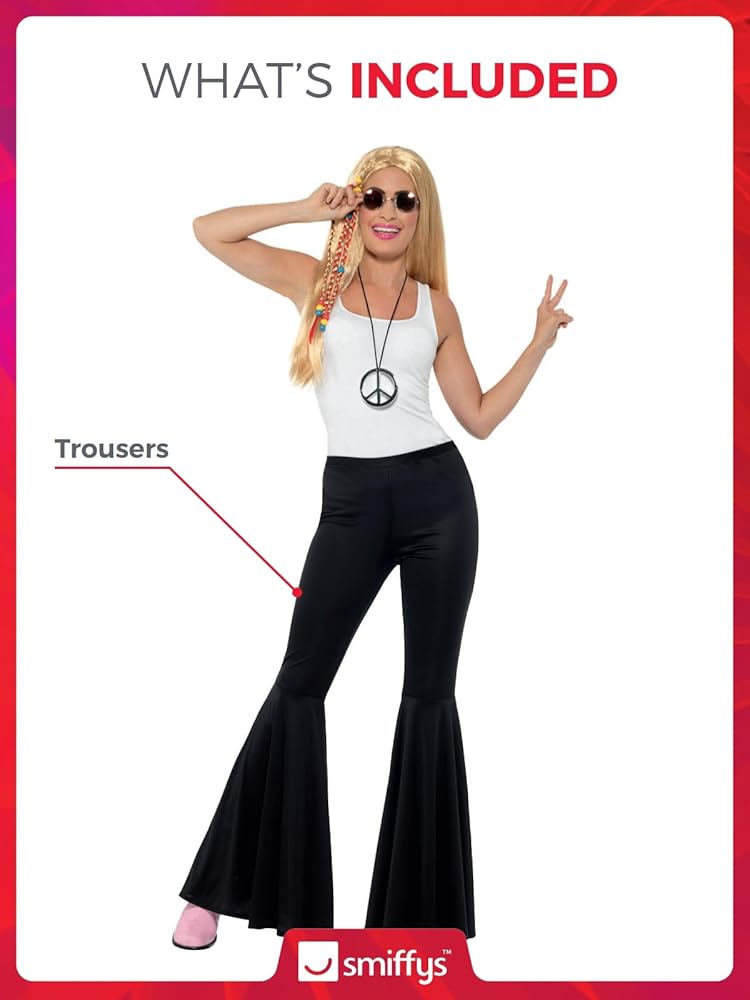Smiffys Flared Trousers, Ladies, Black, 1960's Groovy Fancy Dress